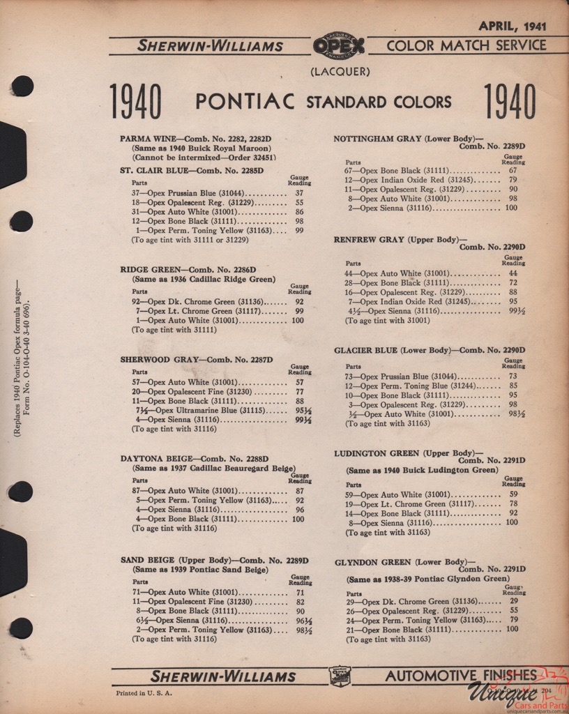 1940 Pontiac Paint Charts Williams 2